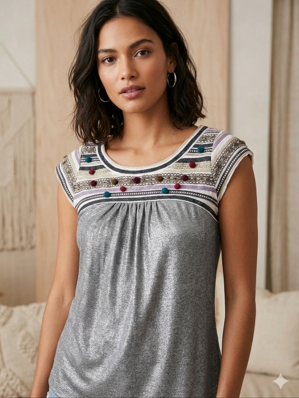 Anthropologie One September | Metallic Mixed Media Embroidered Top